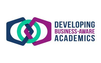 Developing Business-Aware Academics Logo. Blue, green and purple interlocking shapes. 