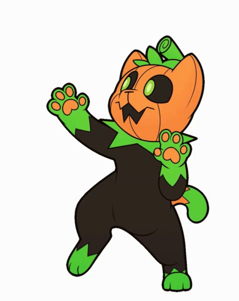 a cat with a pumpkin on its head and green paws