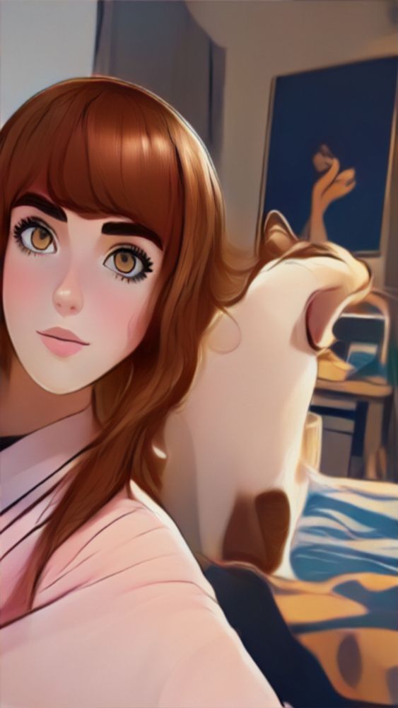 Anime filter on a cat lady with her cat. Car is mid-yawn.