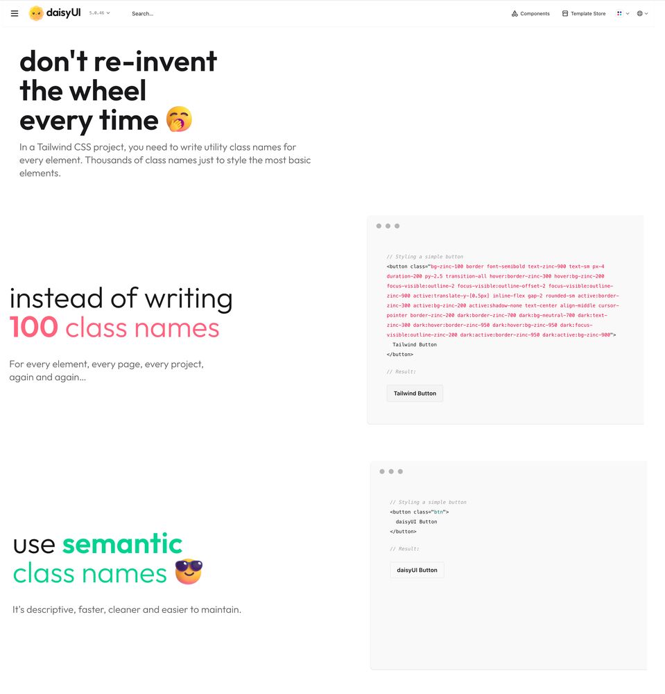 A framework called daisyUI builds semantic class names on top of Tailwind