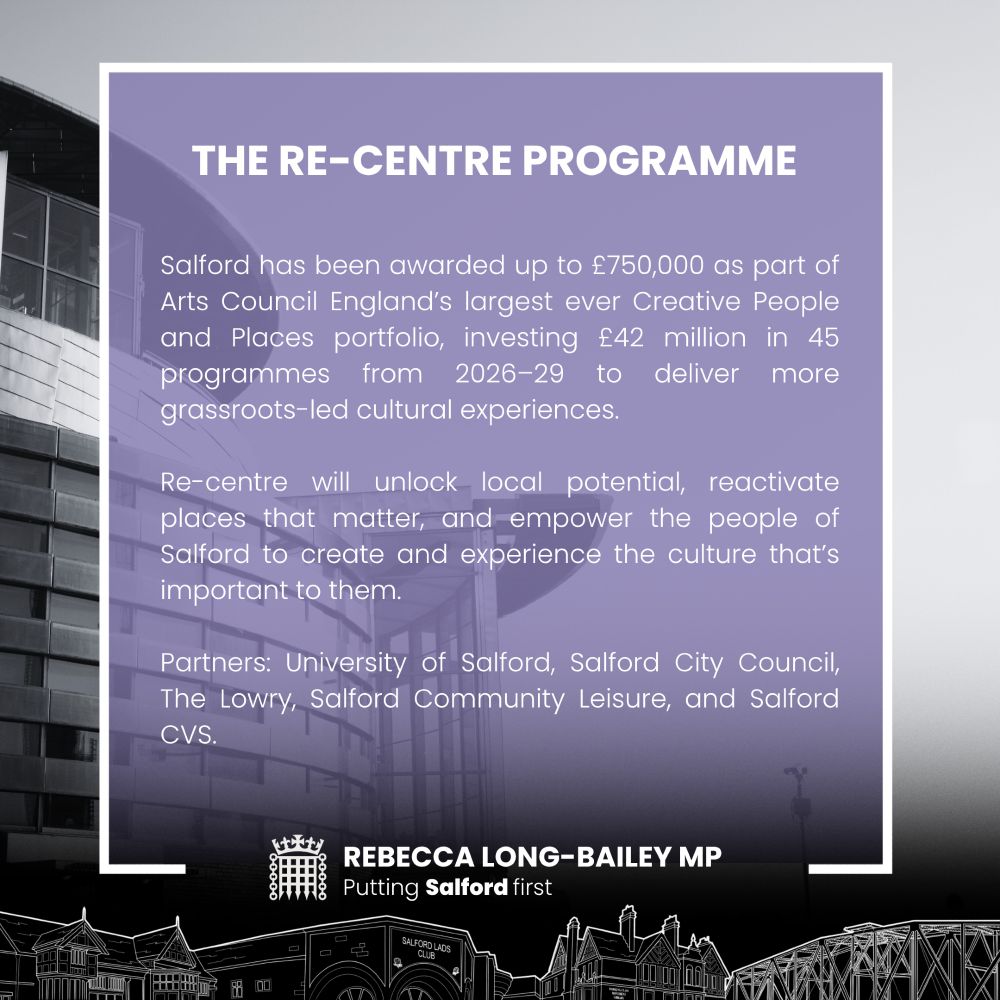 Salford has been awarded up to £750,000 as part of Arts Council England’s largest ever Creative People and Places portfolio, investing £42 million in 45 programmes from 2026–29 to deliver more grassroots-led cultural experiences.

Re-centre will unlock local potential, reactivate places that matter, and empower the people of Salford to create and experience the culture that’s important to them.

Partners: University of Salford, Salford City Council, The Lowry, Salford Community Leisure, and Salford CVS.