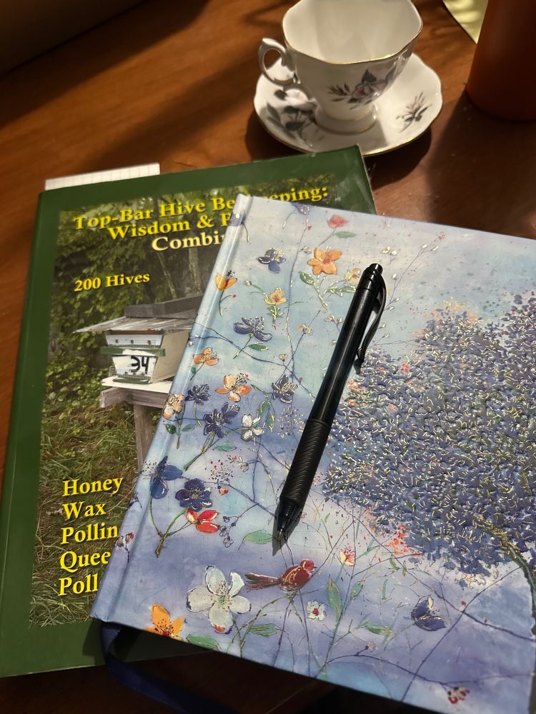The book “Top-Bar Beekeeping: Wisdom & Pleasure Combined” on a table with a decorative journal and pen stacked on top. In the background an empty tea cup and saucer. 