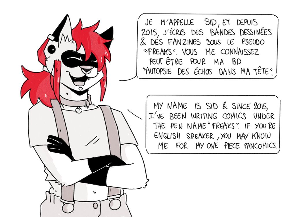 Freaks, bras croisés : Je m'appelle Sid et depuis 2015 j'écris des Bandes dessinées et des fanzines sous le pseudonyme "Freaks". Vous me connaissez peur être pour ma BD "autopsie des échos dans ma tête".

Freaks, crossing arms: my name is Sid and since 2015 I've been writing comics under the pen name "Freaks". If you're English speaker, you may know me for my one piece fan comics.
