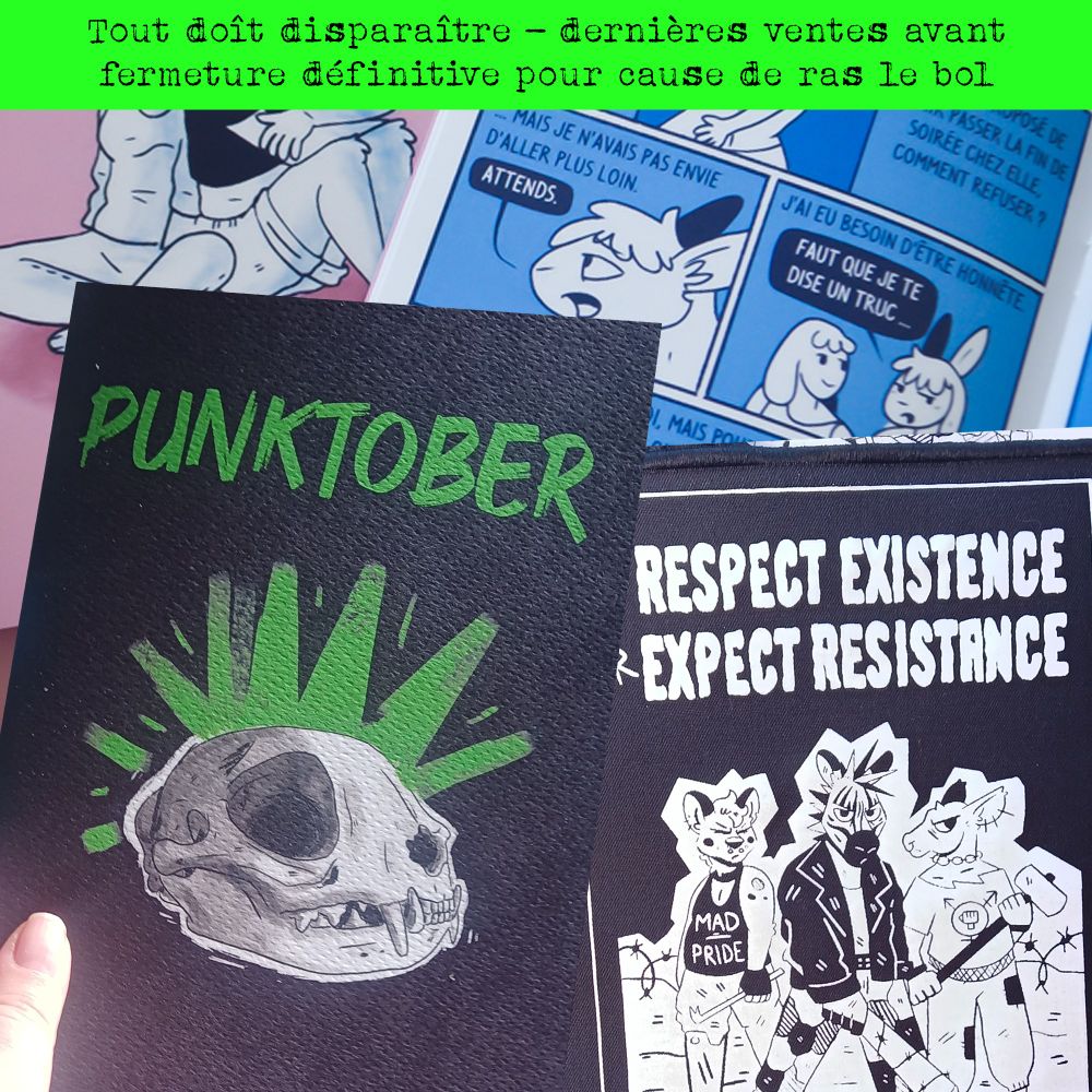 photo de trucs en vente sur le shop de freaks: punktober, mia & muna, patches respect existence...

un texte en vert fluo dit "tout doît disparaître - dernières ventes avant fermeture définitive pour cause de ras le bol"