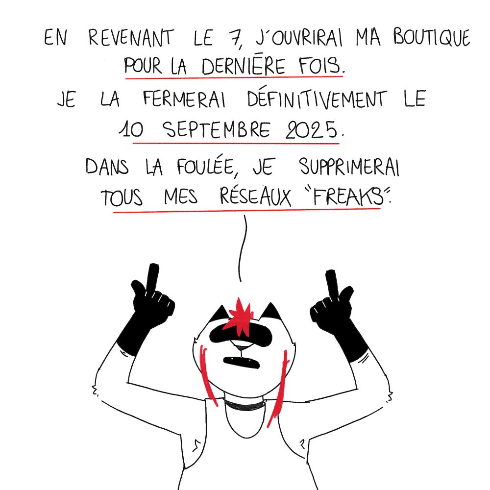 en revenant le 7 j'ouvrirai ma boutique pour la dernière fois. je la fermerai définitivement le 10 septembre 2025. dans la foulée, je supprimerai tous mes réseaux Freaks
