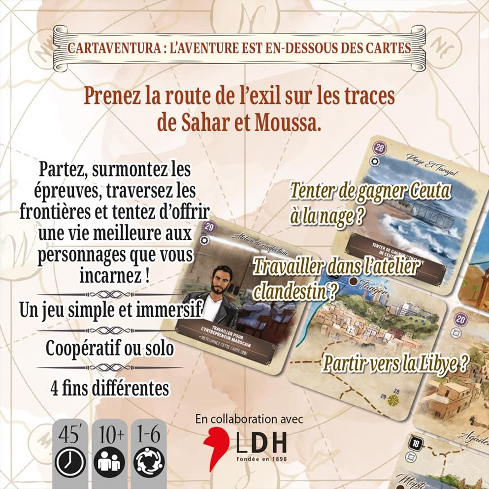 dos de la boite de jeu Cartaventura - Exils
