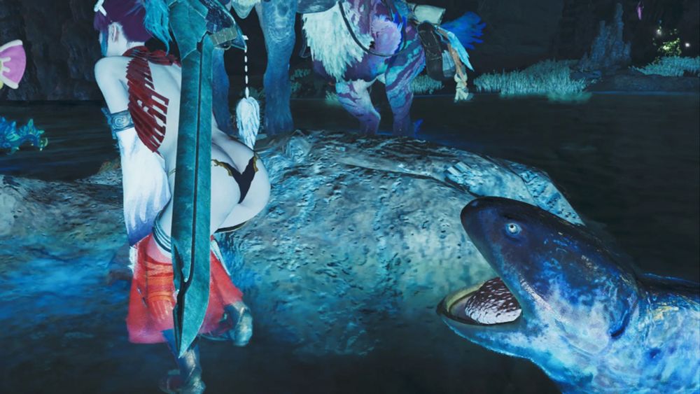 A screenshot of a Salamander creature in Monster Hunter Wilds gawking at my characters ass, whom is leaning forward and has modified armor that looks like a metal thong.