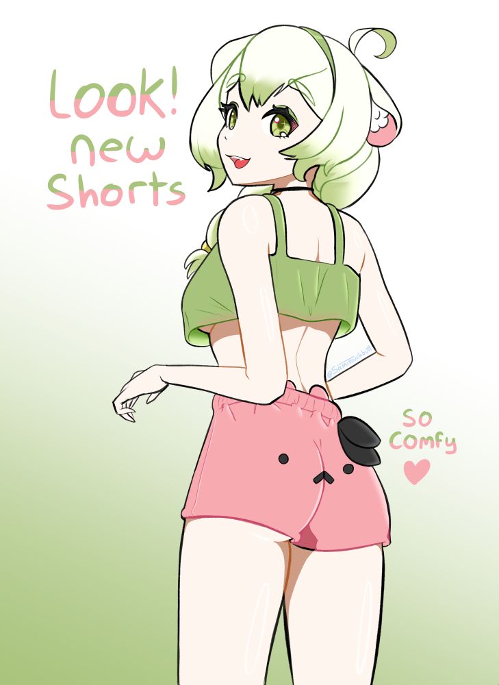 Laimu showing you her new comfy shorts backside facing and looking over her shoulder saying "Look! new shorts, so comfy". the shorts have a cute :< face on them.