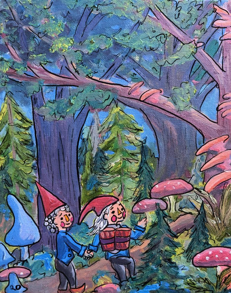 Pen and oil painting of two little gnomes entering a colorful forest 