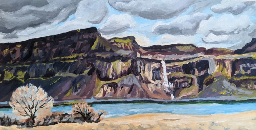 Desert cliffs with waterfall into a lake in Easter Washington state, oil painting