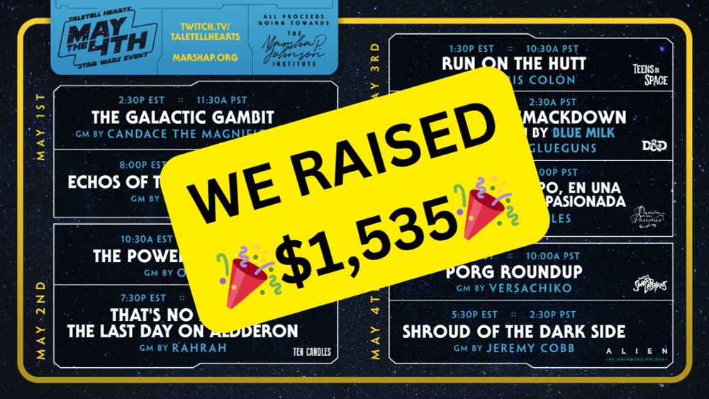 The Star wars Weekend schedule, a blue starry background with star wars themed font and a yellow border. Covering most of the schedule is a yellow box with the text: We Raised, $1,535 with the amount surrounded by emoji confetti