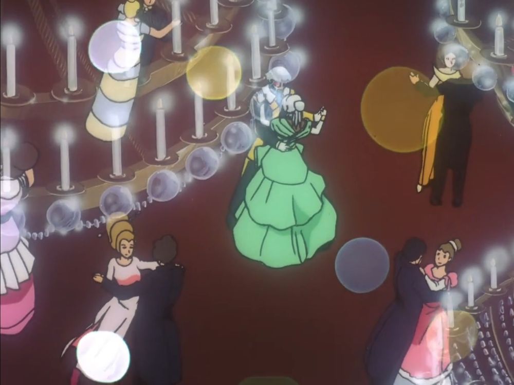 A screenshot from the series "Turn A Gundam" (1999). It features Harry Ord and Loran Cehack, in his Laura Rolla persona, dancing a waltz together in the center of the scene. They are surrounded by various other dancing pairs. Harry is dressed in a yellow and black striped suit, while Laura is wearing a lime green dress. Various shoujo-esque bubbles surround the scene.