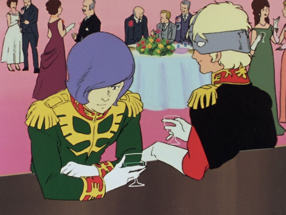 A screenshot from the series "Mobile Suit Gundam" (1979). It features Garma Zabi on the left and Char Aznable on the right. They are both wearing their military uniforms, though Char has removed his iconic helmet, and are both holding wine glasses in their right hands. They are surrounded by various people wearing suits and dresses.