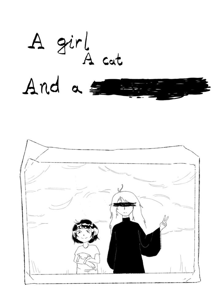 The cover of the comic “A Girl, a cat, and a ████” by Sisi Zhao. It shows a photograph, with visible signs of handling and age on its edges. The photograph includes a young girl with short black hair holding a white cat in her arms, and a woman with long white hair and black robes doing the V sign with her left hand, her eyes obscured by black lines. The only colours are black and white.