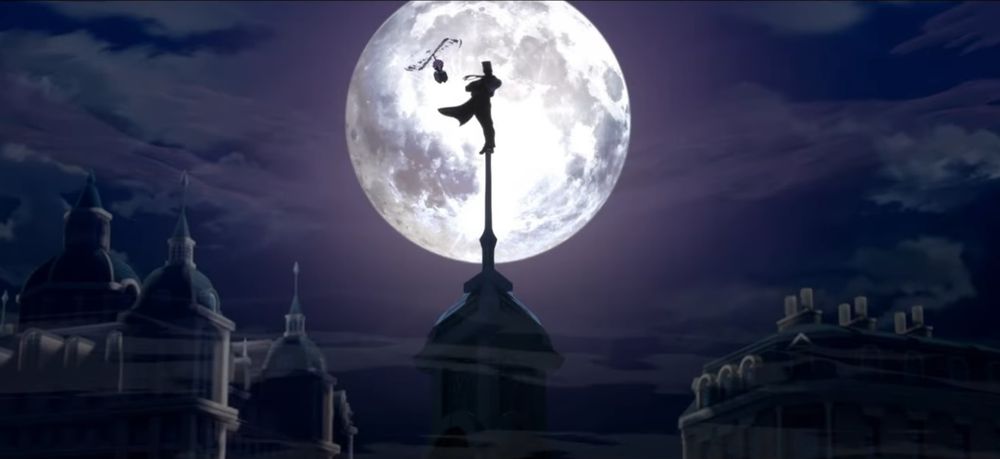 A screenshot from the video game "Guilty Gear Strive". It shows Venom, in his baker outfit, standing on top of the spire of a building in the middle of the night, with Robo-Ky flying next to him using his propellers. Venom's arms are crossed in an intimidating and heroic fashion, the wind blowing through his hair and apron giving him a striking silhouette. There is a full moon behind the duo.