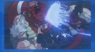 A screenshot from the anime "Guilty Gear Strive: Dual Rulers". It shows a futuristic display, with Nagoriyuki, Chipp Zanuff, and Answer, the latter of the three riding on a red serpent, fighting Nerville copies in what is presumably the Eastern Chipp Kingdom. 