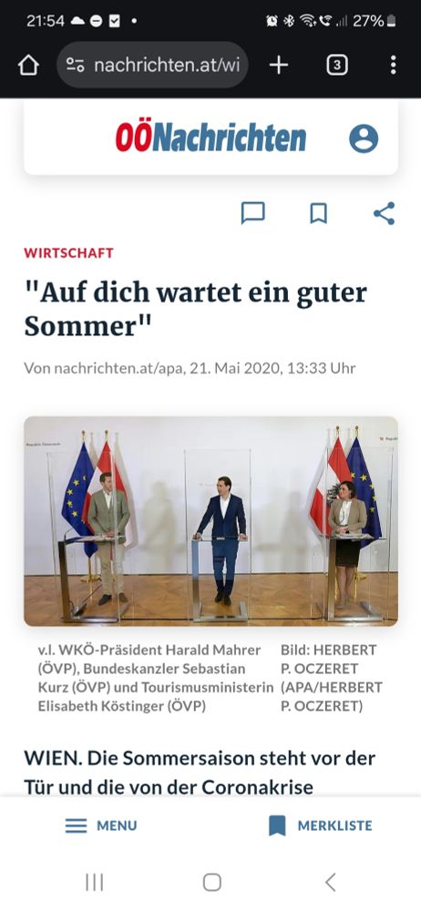 überschrift zitat "auf dich wartet ein guter sommer" ein sager von sebastian kurz aus einer pressekonferenz unter dieser überschriftt befindet sich ein foto von kurz und zwei anderen politiker*innen