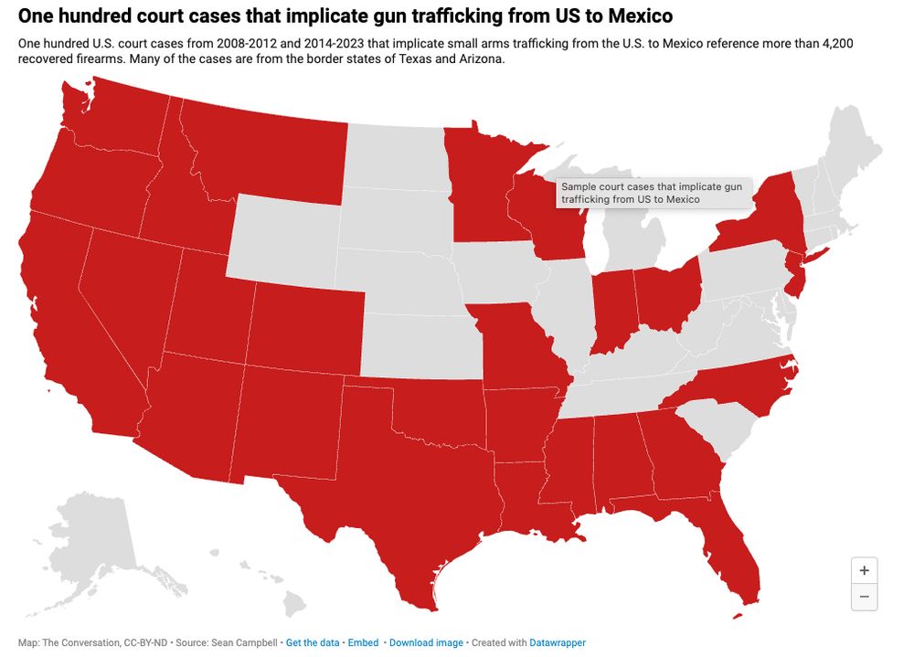 U.S. map of states where cases where were found implicating gun trafficking to Mexico that included weapons details such as serial numbers and gun sellers.