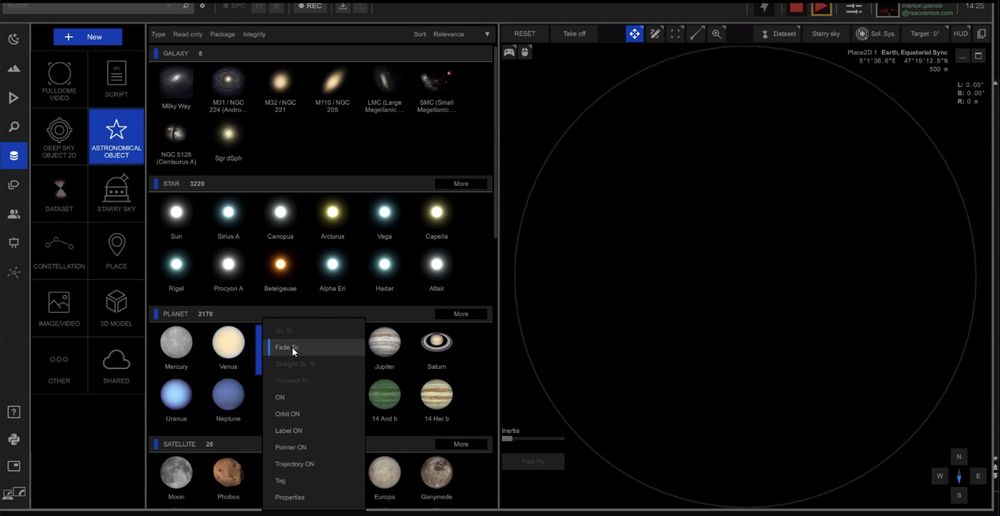Logiciel Sky Explorer
A gauche : Différents menus et choix de paramètres
Au centre : Choix de planètes
A droite : Simulation de l'espace en fonction des critères sélectionnés