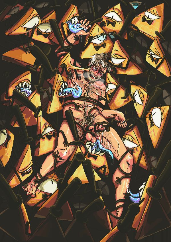 low resolution image of ford pines, an older male surrounded by many copies of bill cipher a one eyed triangle, from gravity falls engaged in several acts of sexual foreplay, or watching ford.