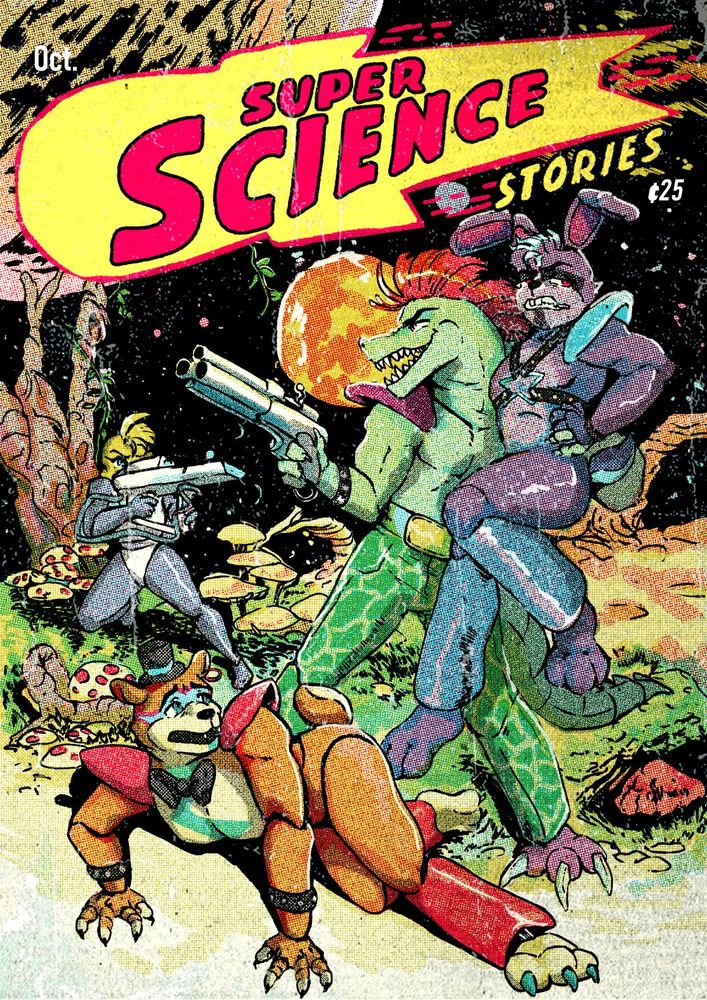 comic book cover parody of an Al Williamson cover of Freddy in space 3, in an alien world Chica is the back aiming a large phaser canon like gun at monty gator who is grabbing glamrock bonnie, brandishing a three barreled gun, freddy is on the floor looking fearfully up at monty. 
the top reads "oct. Super Science Stories 25 cents"