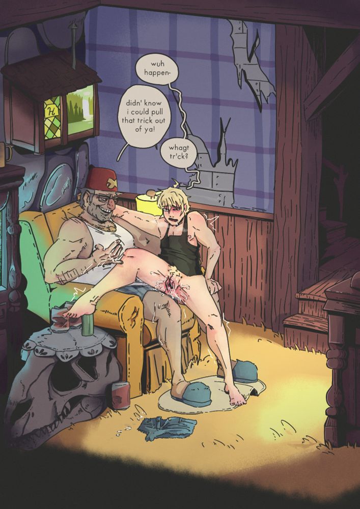 Kouen sits up desheveled and messy after orgasaming, drooling still stanley looking at him smugly holding up his still wet hand kouen saying "what happen" stanley replying "i didn't know i could pull that tick out of ya!" for kouen to say "what trick" blurrily