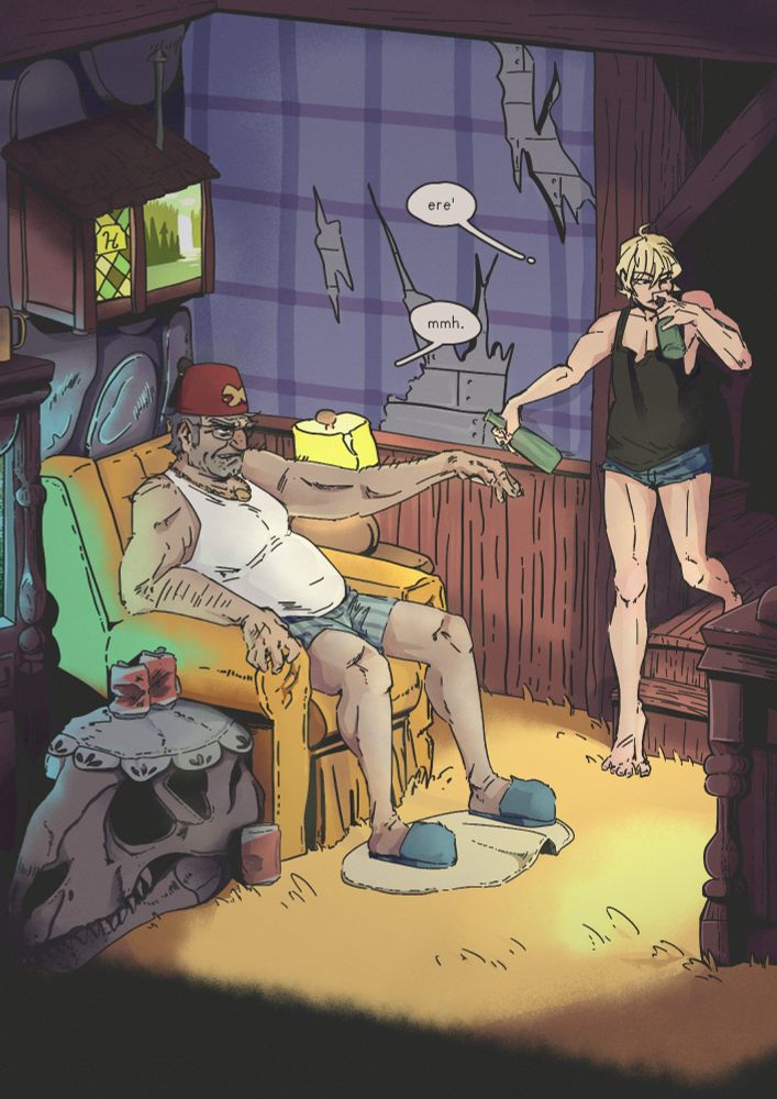 digital Image containing the mystery shack living room, Stanley is on his recliner and Kouen (artists character) is handing over a beer bottle to him while looking over at the tv speaking to him distractedly text reading kouen saying "ere" and stanley replying with a grunt