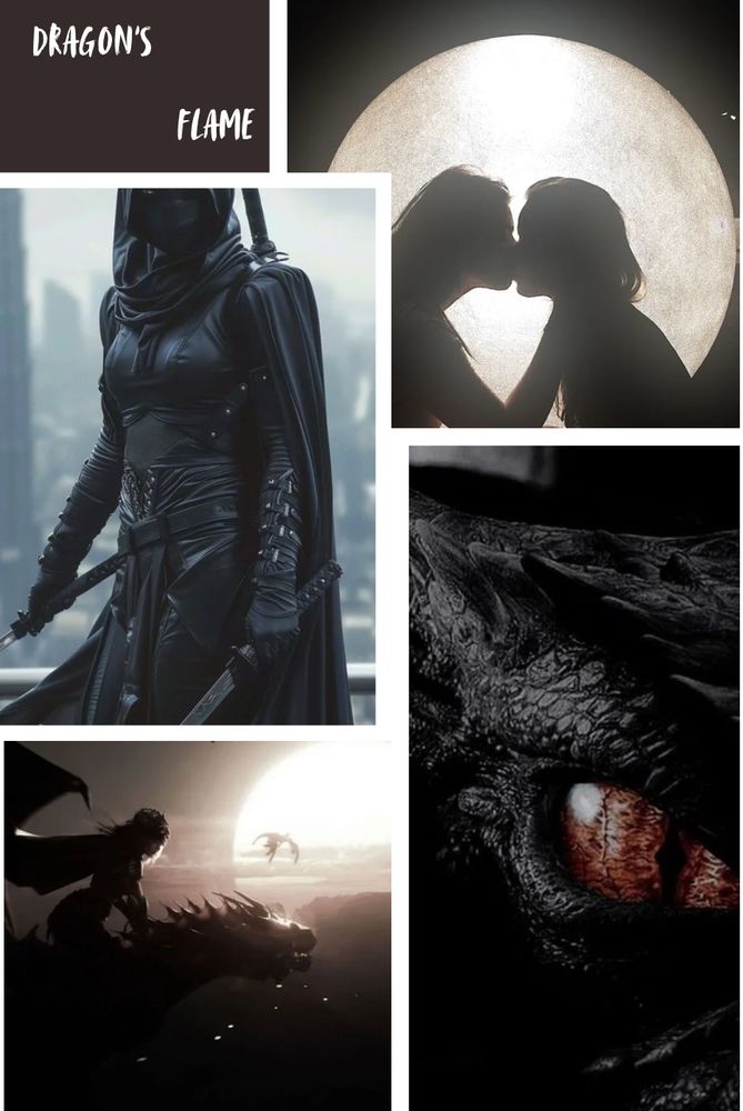 collage of images. one is a brown-ish box with the words Dragon’s Flame in white text. the others are a female figure clad entirely in black armor including the face and holding two swords, a silhouette of two girls kissing in front of a yellow moon, a black dragon’s face with a red-orange eye, and a female figure riding a black dragon into the sunset with another dragon in the background 