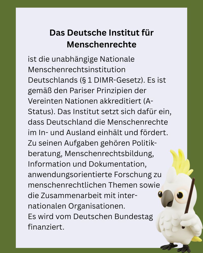 Das Deutsche Institut für Menschenrechte ist die unabhängige Nationale Menschenrechtsinstitution Deutschlands (§ 1 DIMR-Gesetz). Es ist gemäß den Pariser Prinzipien der Vereinten Nationen akkreditiert (A-Status). Das Institut setzt sich dafür ein, dass Deutschland die Menschenrechte im In- und Ausland einhält und fördert. Zu seinen Aufgaben gehören Politikberatung, Menschenrechtsbildung, Information und Dokumentation, anwendungsorientierte Forschung zu menschenrechtlichen Themen sowie die Zusammenarbeit mit internationalen Organisationen. Es wird vom Deutschen Bundestag finanziert.
