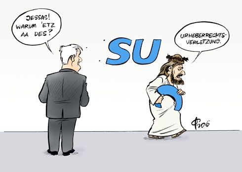 Jesus takes the C back from the CSU Homebase. Seehofer questions "why?" 
Jesus: "copyright infringement"
