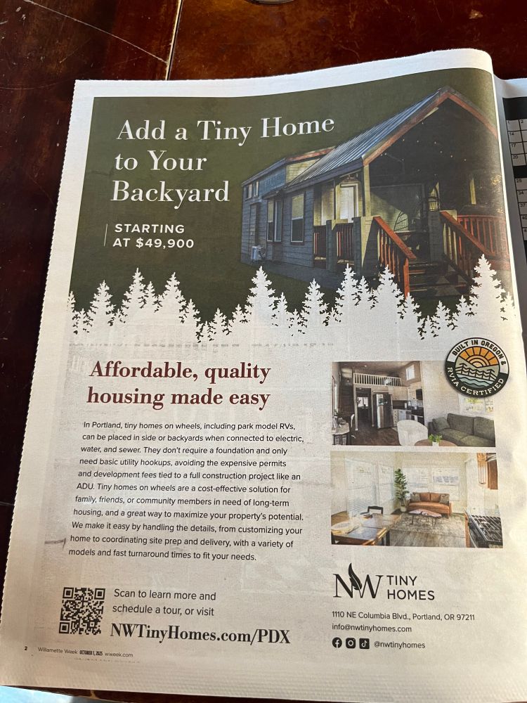 Newspaper ad for tiny houses starting at $50,000.
