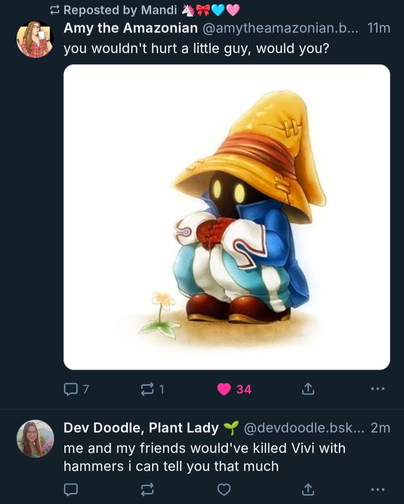 Amy Amazonian saying you wouldn't hurt a little guy (Vivi)

Dev saying her and her friends would have killed Vivi with hammers 