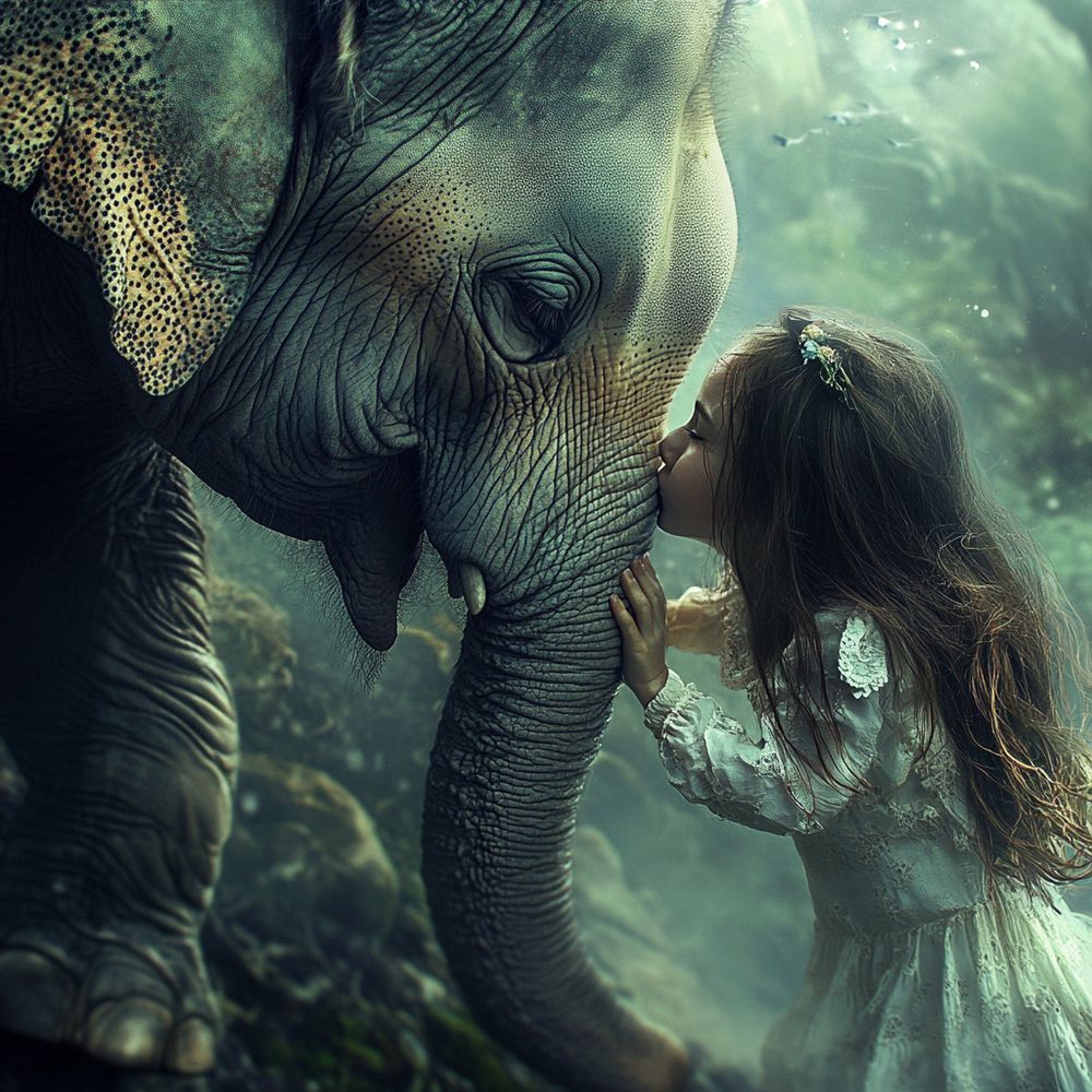 A girl kissing a sad looking elephant on the trunk
