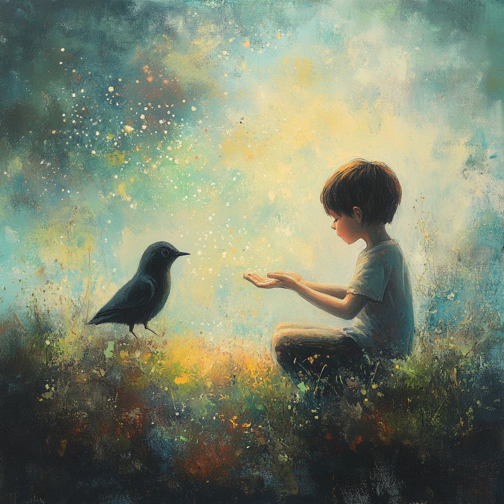 A picture of a boy sitting in a field with his hands out together and a black bird (possibly a rook or a crow) coming towards him