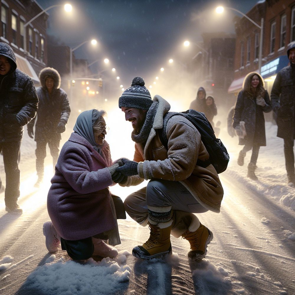 a snowy road with a man helping an old woman
