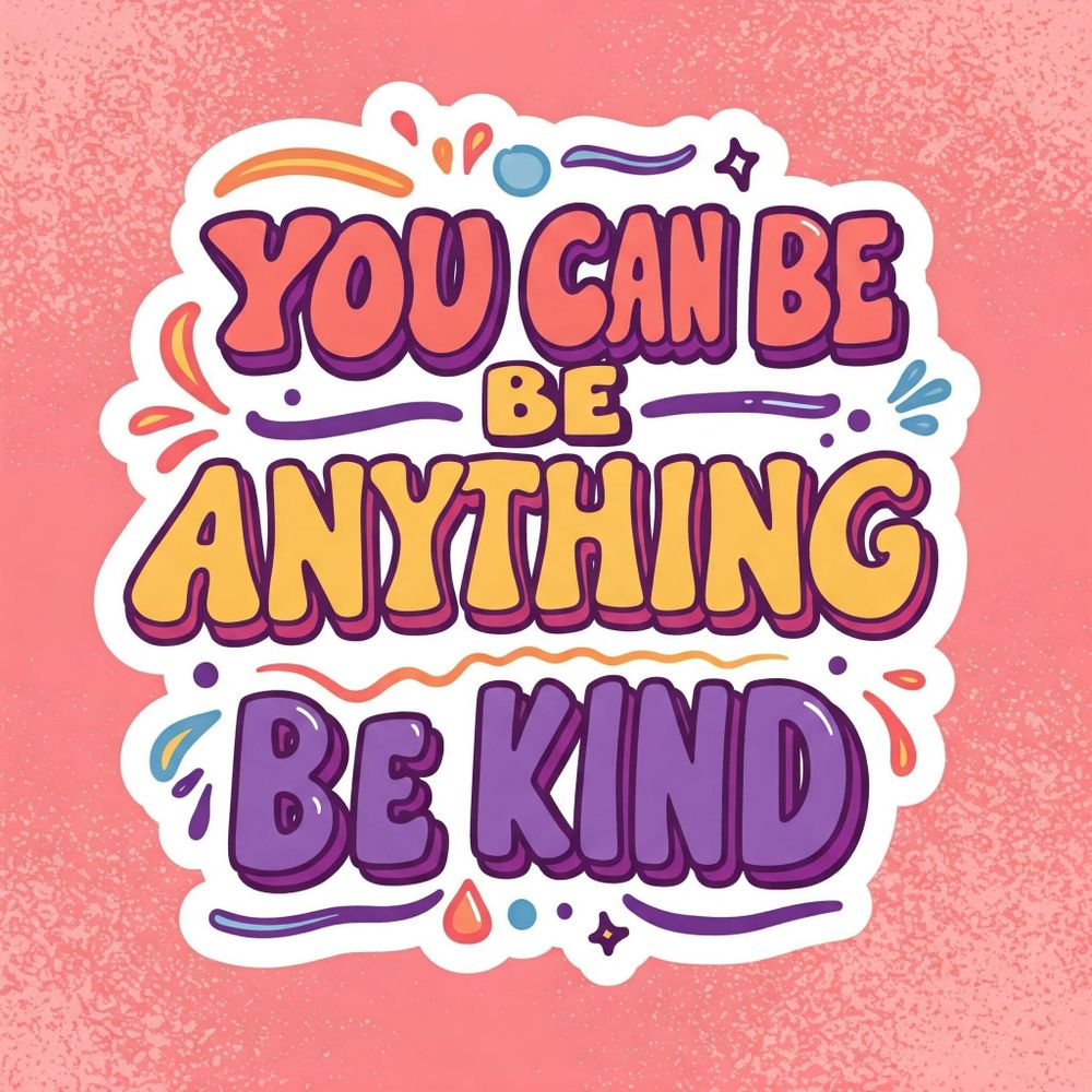 A sticker saying You can be anything be kind in colourful lettering on a white background