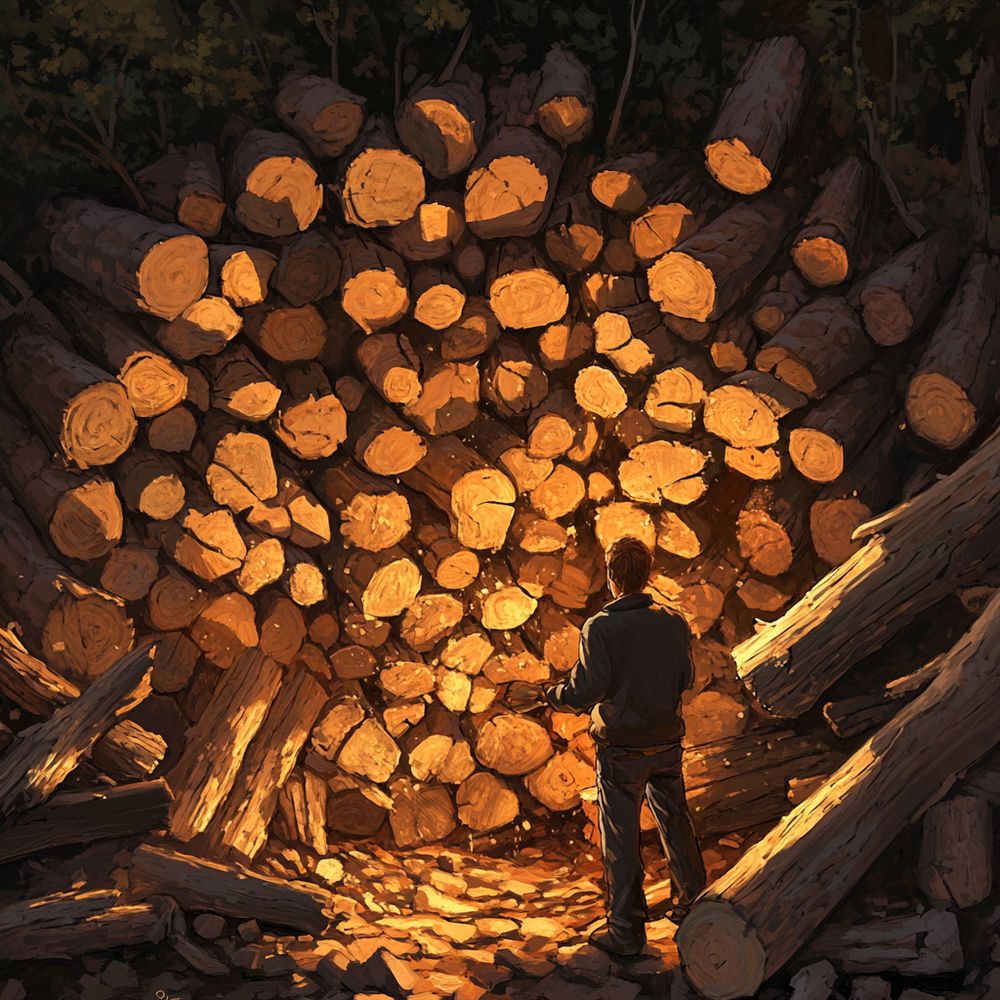 A terrible dad joke. A picture of a man looking at a pile of logs. Wood logs in a shed not the logs that the post describes 