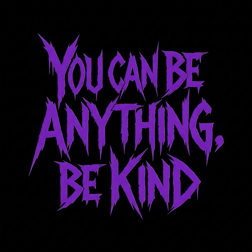 A sticker saying You can be anything be kind in purple lettering on a black background
