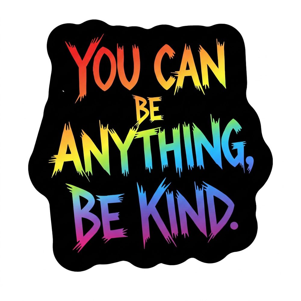 A sticker saying You can be anything be kind in rainbow lettering on a black background
