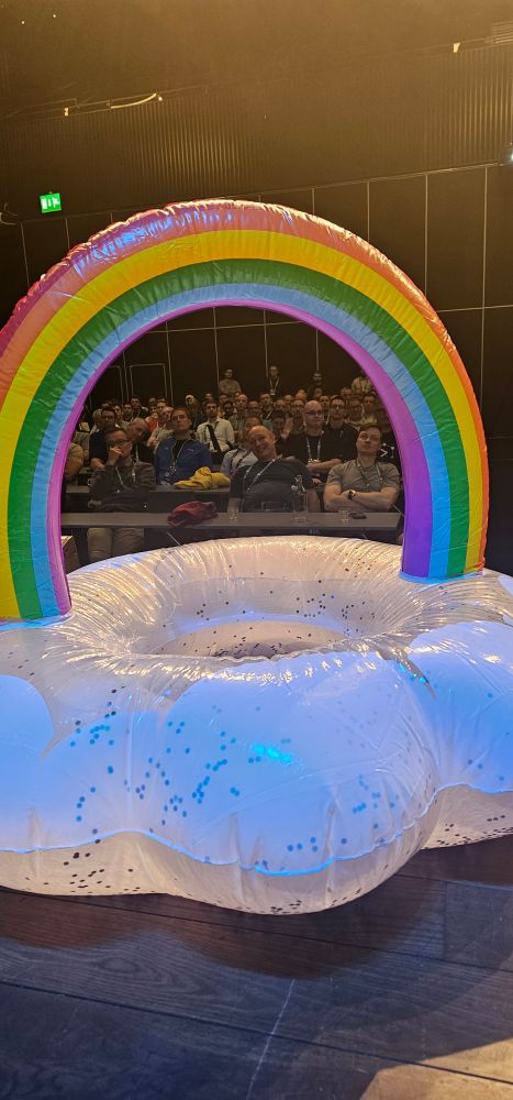 A blow up rainbow on stage