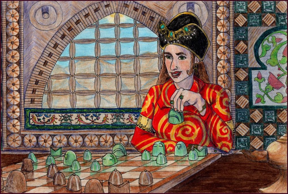 Coloured pencil illustration. A Turkish woman dressed in a bright red and golden robe sits playing chess at a table. Her pieces are green and her opponent’s are brown. Behind her is a richly carved wall with panels of painted marble. The view out the window shows mountains in the distance. The woman has a black and gold hat studded with gold, pearls and turquoise, as well as gold and turquoise jewellery. She has a confident grin on her face.