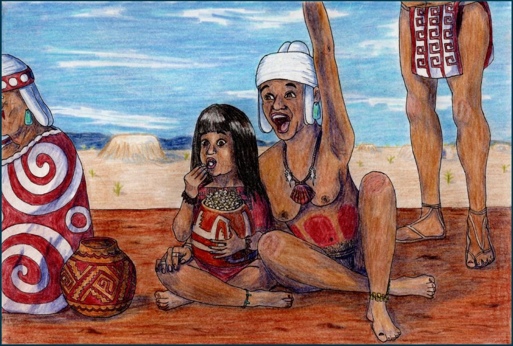 Coloured pencil illustration. A Native American mother and daughter sit watching a ballgame. The mother is cheering with one arm in the air and the other around her daughter. Her daughter is eating popcorn out of a ceramic jar. The mother wears a white turban, turquoise earrings, and a shell necklace with pendants. She has red body paint on her stomach. Her daughter wears a red poncho. On the right is a standing man and on the left an old man sitting wrapped in a blanket. In the distance are mounds, pit houses, cacti and mountains.