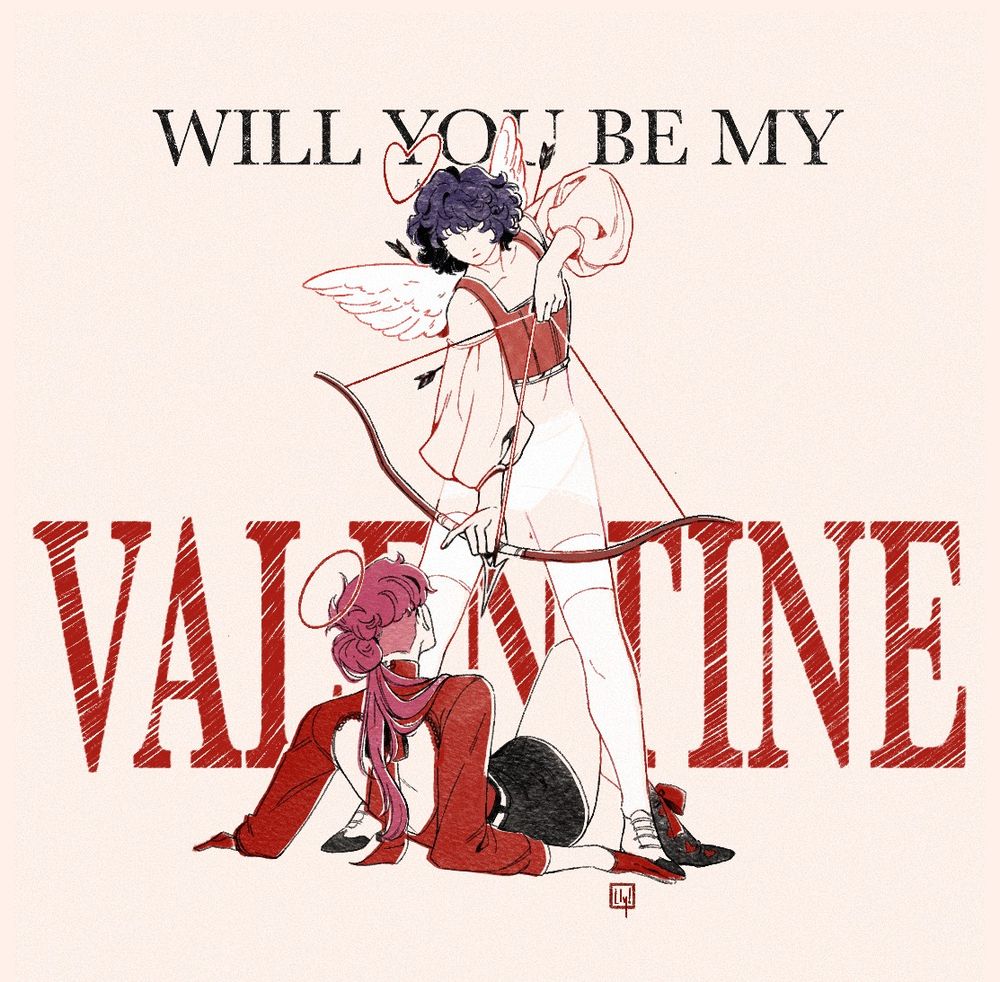 2 characters facing each others, one holding the other at arrow's point, standing in front of the text "will you be my valentine"
