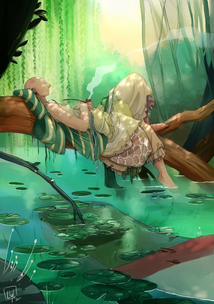 Illustration of my OC Ophelia, lounging on a tree branch above a pond, smoking with her eyes closed. In the water are lilypads and a sunk boat