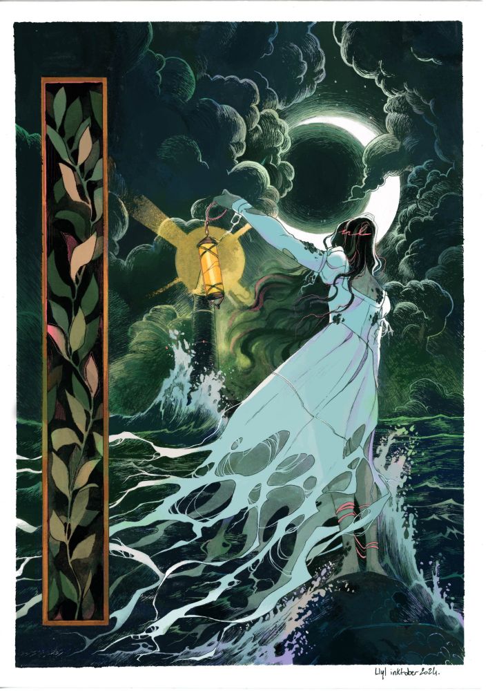 Woman facing a stormy sea, holding a lantern as a lighthouse 
