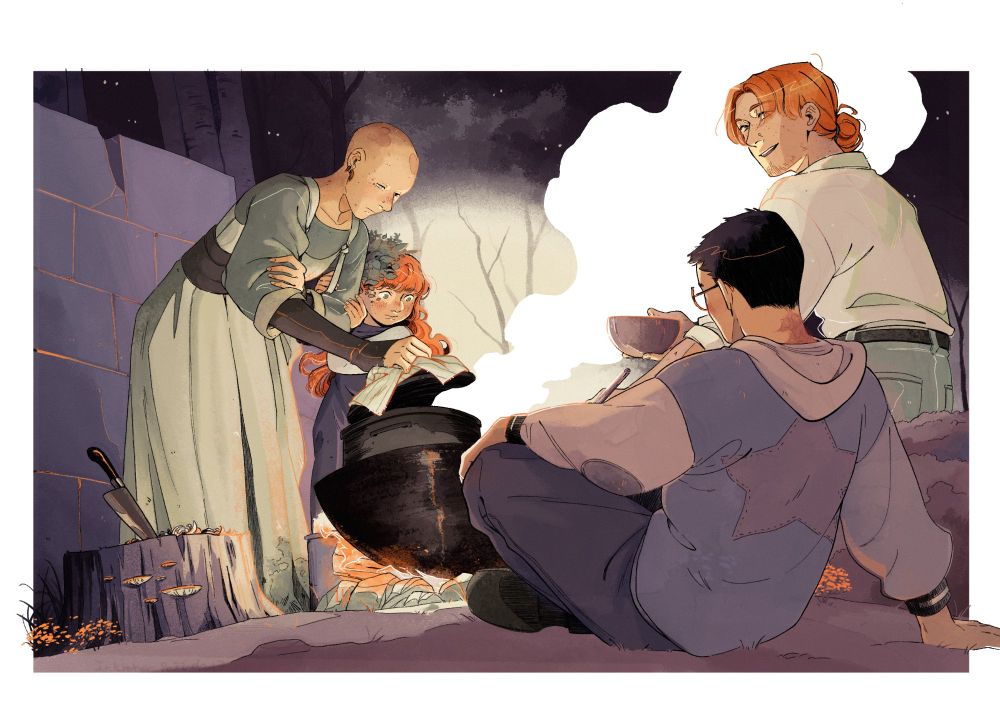 Group of four characters around a camp fire at night, cooking 