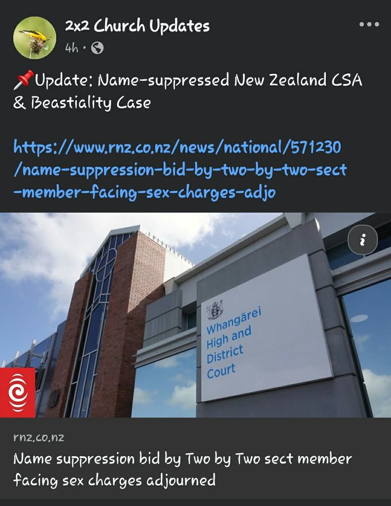 2x2 Church Updates
Update: Name-suppressed New Zealand CSA & Beastiality Case