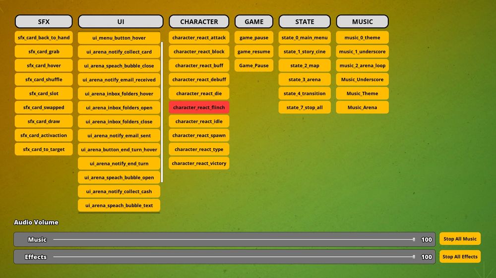 The image shows a series of UI buttons separated into columns per category such as SFX, UI, CHARACTER, GAME, STATE, and MUSIC, with sound cue names listed in each column and two volume sliders for music and effects.