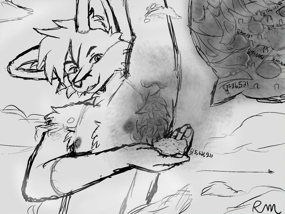 A macro fox, big enough that clouds easily dissipate against his body, is holding a city in his hand, bringing it up to his hairy, sweaty, musky pit, with a smug expression on his face. 
A panel shows a close-up of the city, crushed by fur and drowning in a flood of sweat, the air thick with his musk
