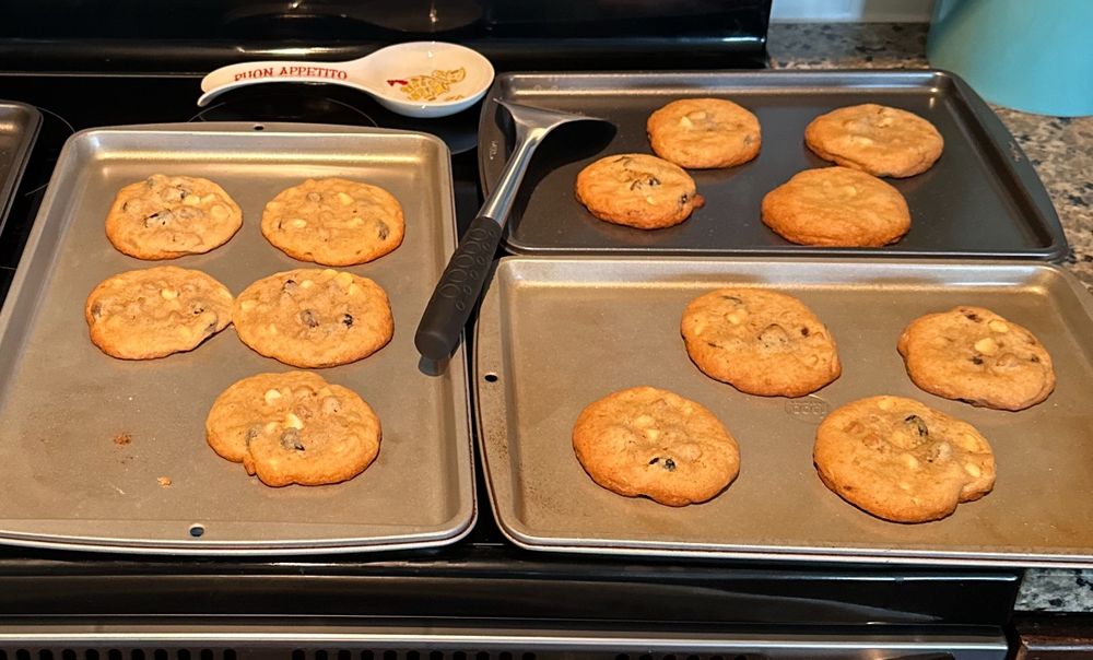 Sea salt caramel and white chocolate chip craisin cookies on baking sheets
